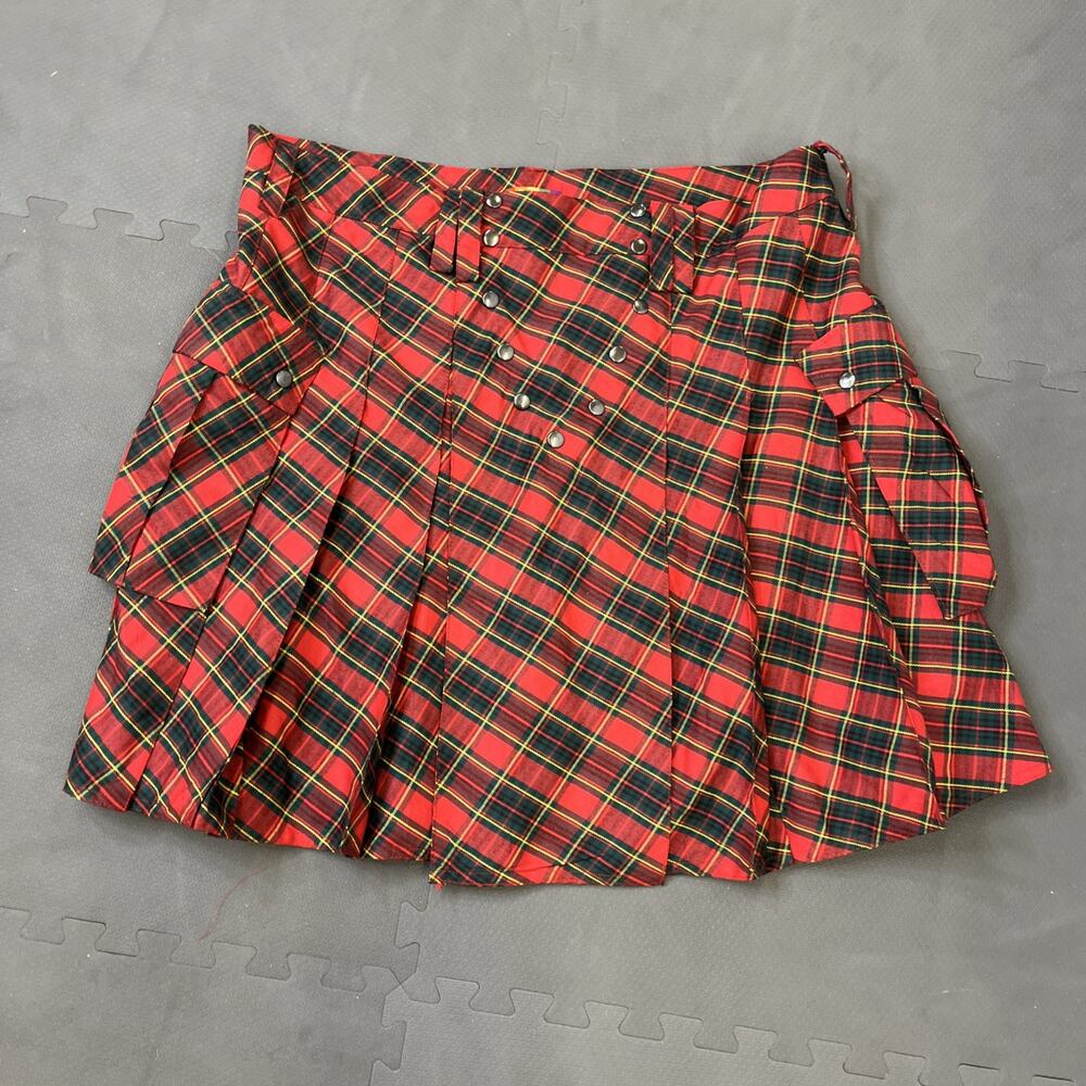 PRIDE Mens Scottish Tartan Utility Kilt Red Snap Plaid Pockets 44 Costume Heavy